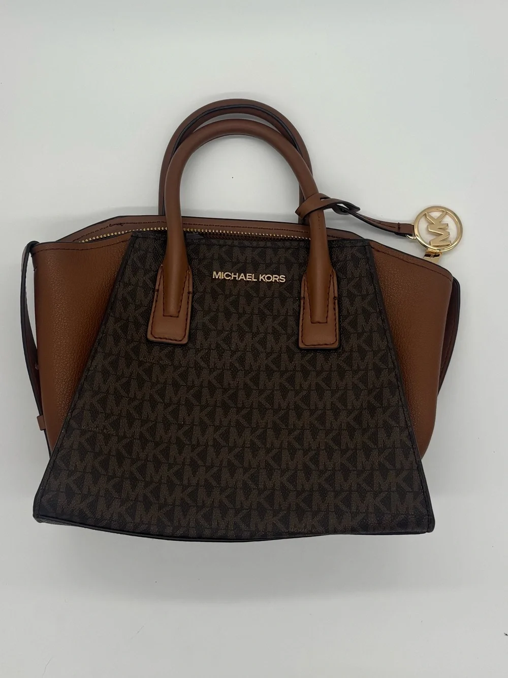 Michael Kors Brown Logo-Print Satchel with Tan Trim